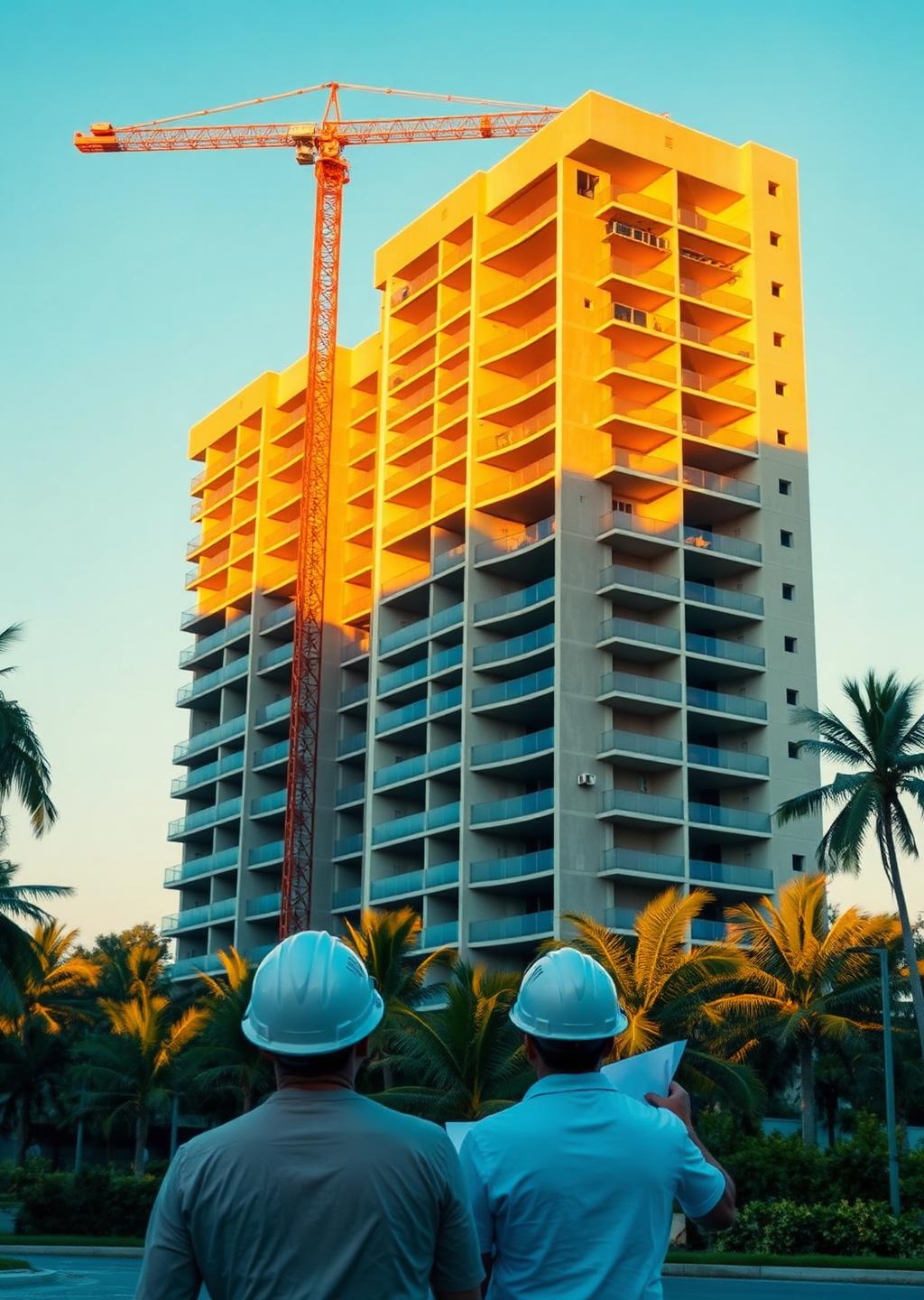 Construction team reviewing coordinated engineering plans for a high-rise project